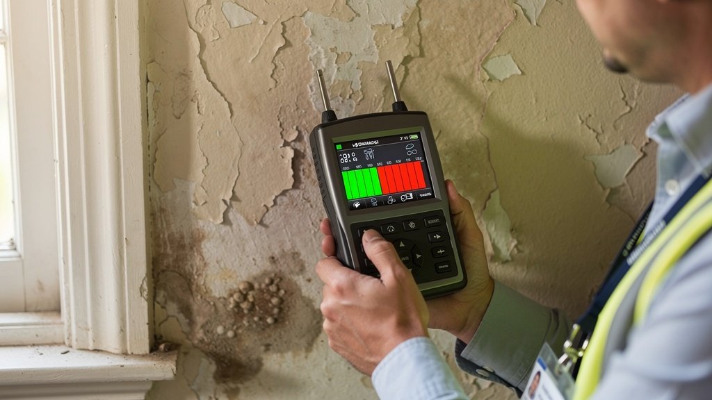 Surveyor using a professional damp meter on a Victorian plastered wall in Portsmouth