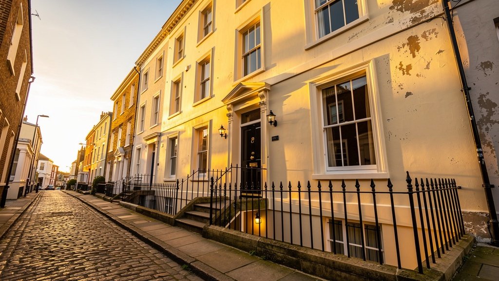 Georgian townhouse in Old Portsmouth with sash windows and iron railings at golden hour