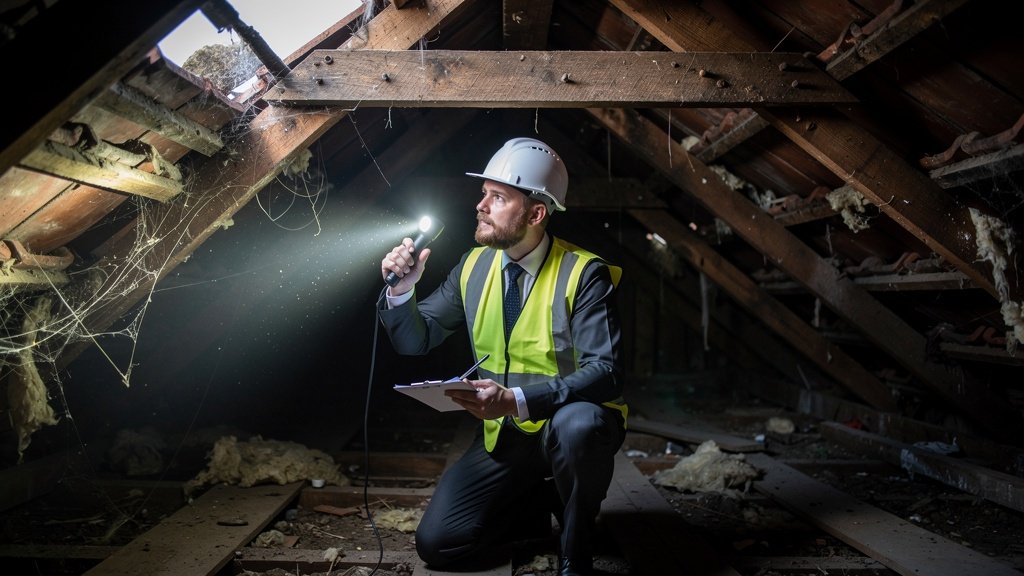 Surveyor inspecting roof structure in a loft space during a Portsmouth building survey