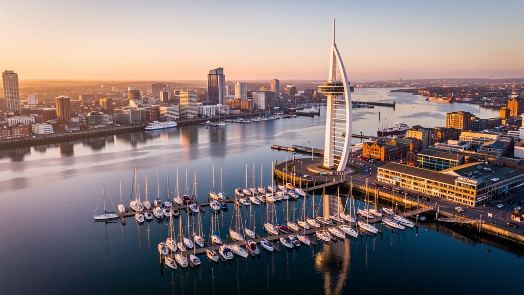 Portsmouth harbour and Spinnaker Tower at sunrise with boats reflected in the water