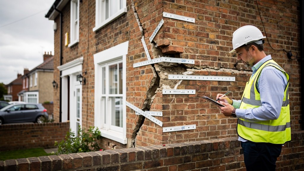 Diagonal cracks in brick wall indicating subsidence damage on a British residential property
