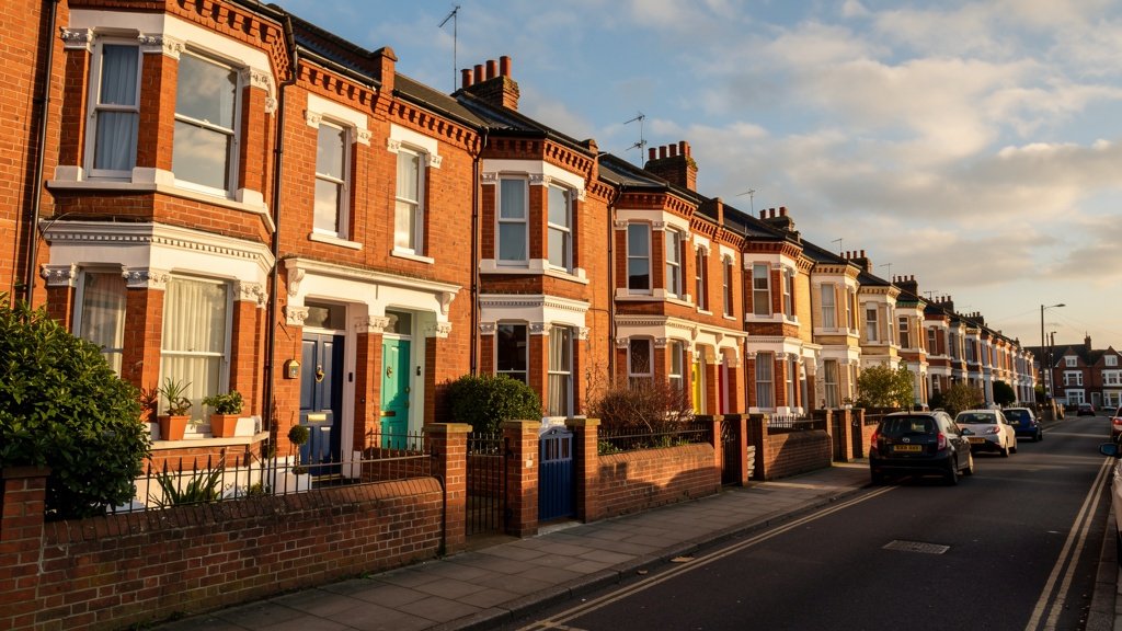 Victorian terraced street in Southsea Portsmouth with red brick facades and bay windows