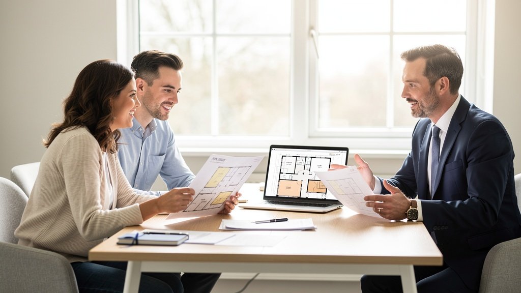 Clients reviewing a building survey report with a Portsmouth Surveyors UK surveyor